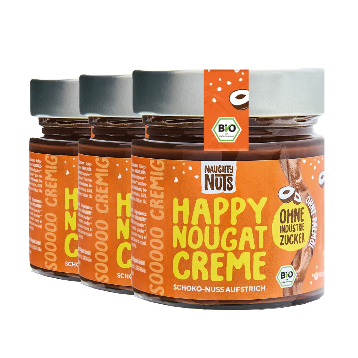 Drei Gläser Happy Nougat Creme Schoko-Nuss Aufstrich mit orangefarbenen Etiketten und silbernen Deckeln