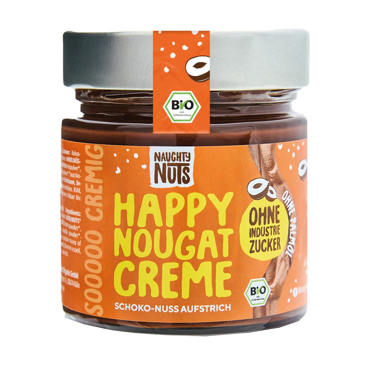 Happy Nougat Creme Schoko-Nuss Aufstrich im Glas mit orangefarbenem Etikett