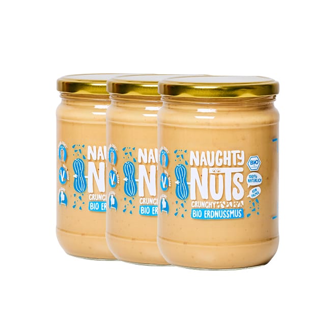 Drei Gläser Bio Erdnussmus Crunchy (500g Glas) mit goldenen Deckeln und blauen Etiketten