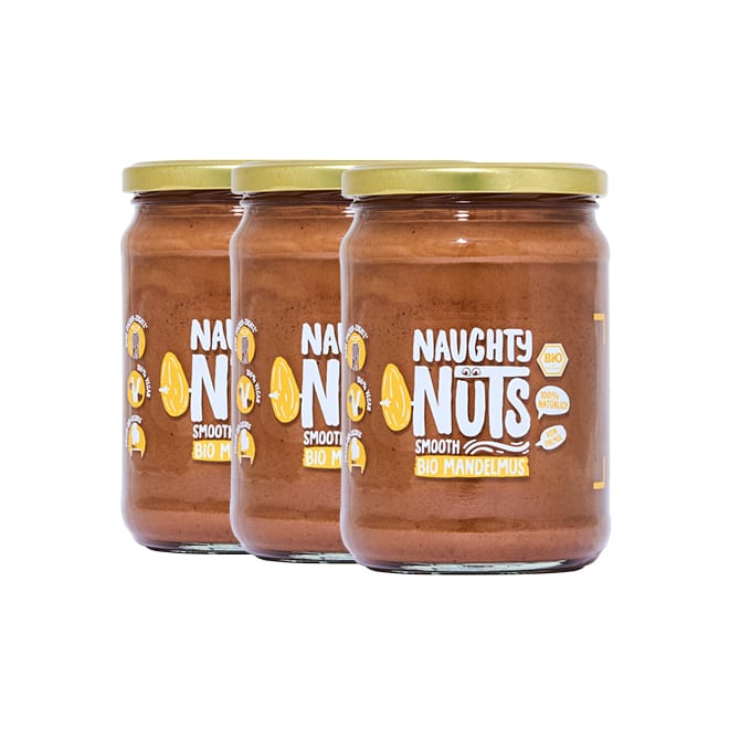 Drei Gläser Naughty Nuts Bio Mandelmus Smooth 500g