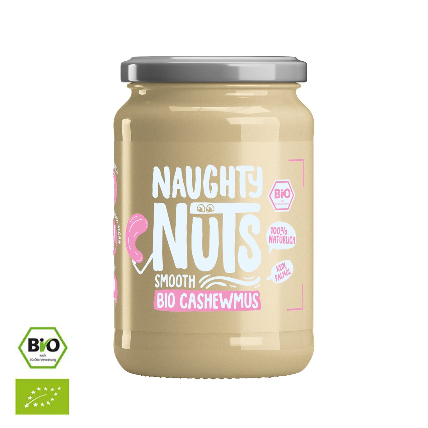 Naughty Nuts Bio Cashewmus im Glas, glatt und cremig, mit Bio-Siegel und Hinweisen 100% natürlich, kein Palmöl