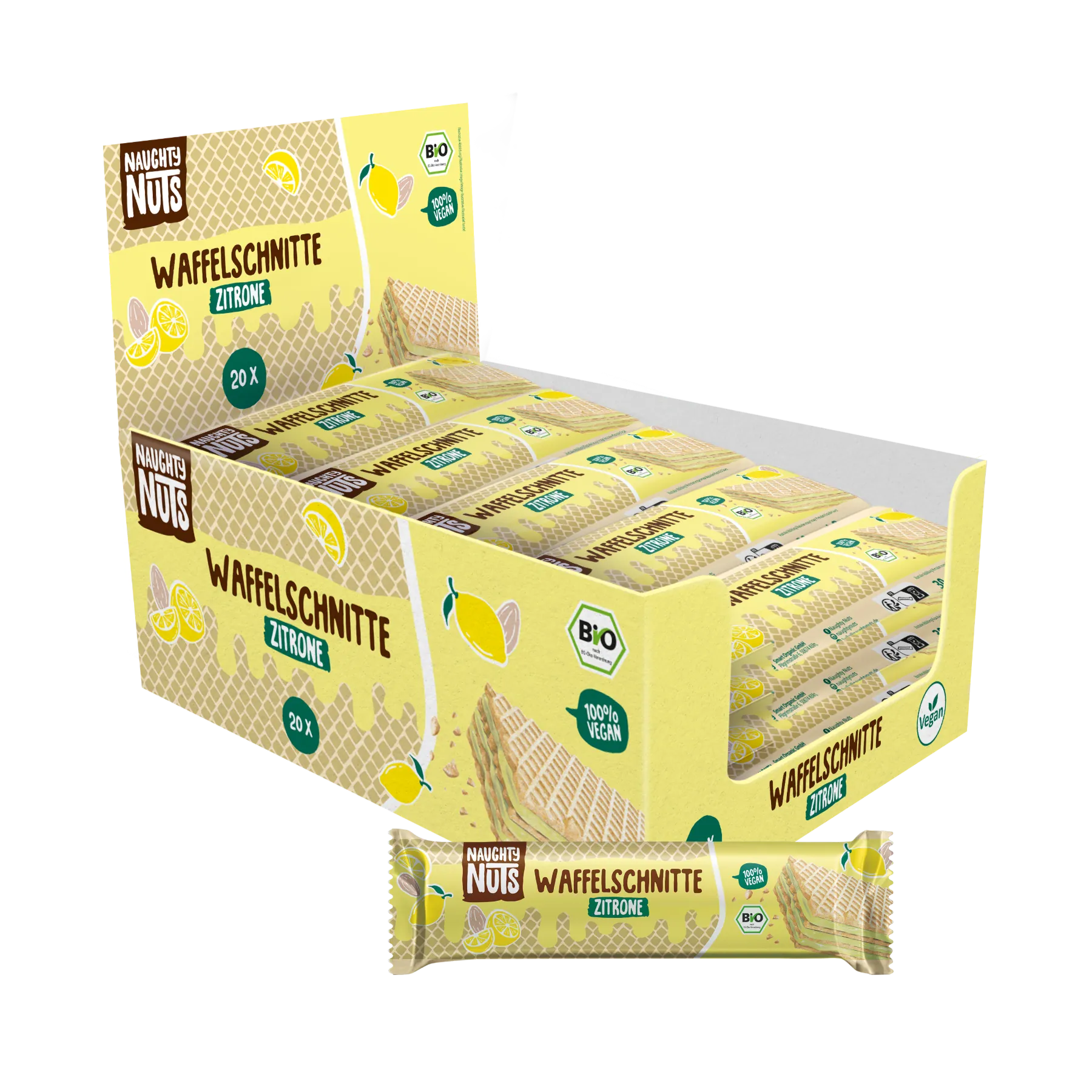 Verkaufsdisplay mit 20 Bio Waffelschnitten Zitrone und einzelner Waffelschnitte davor