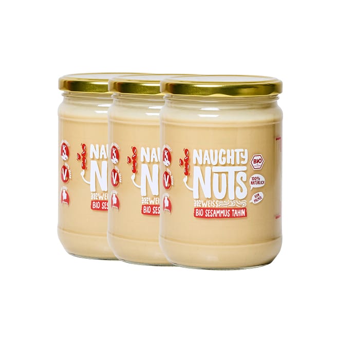 Drei Gläser Bio Sesammus Tahin weiß (500g Glas) mit goldenen Deckeln und Naughty Nuts Etikett