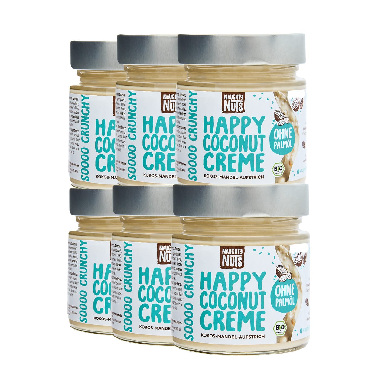 Sechs Gläser Happy Coconut Creme von Naughty Nuts, Kokos-Mandel-Aufstrich ohne Palmöl