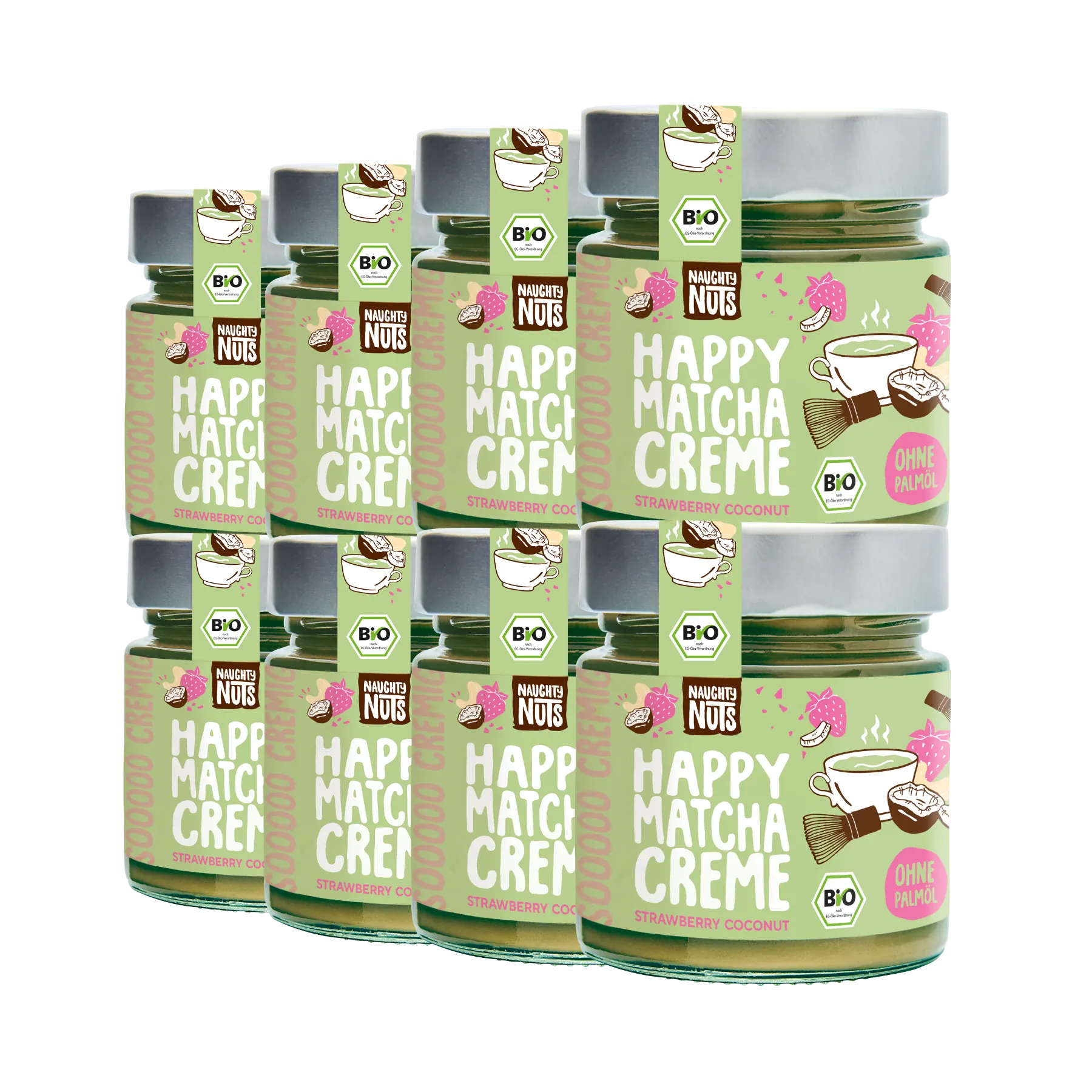 Zehn Gläser Happy Matcha Creme mit Erdbeer-Kokosnuss-Geschmack, Bio-zertifiziert und ohne Palmöl