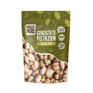 Geröstete Pistazien gesalzen in einer grünen Verpackung von Naughty Nuts