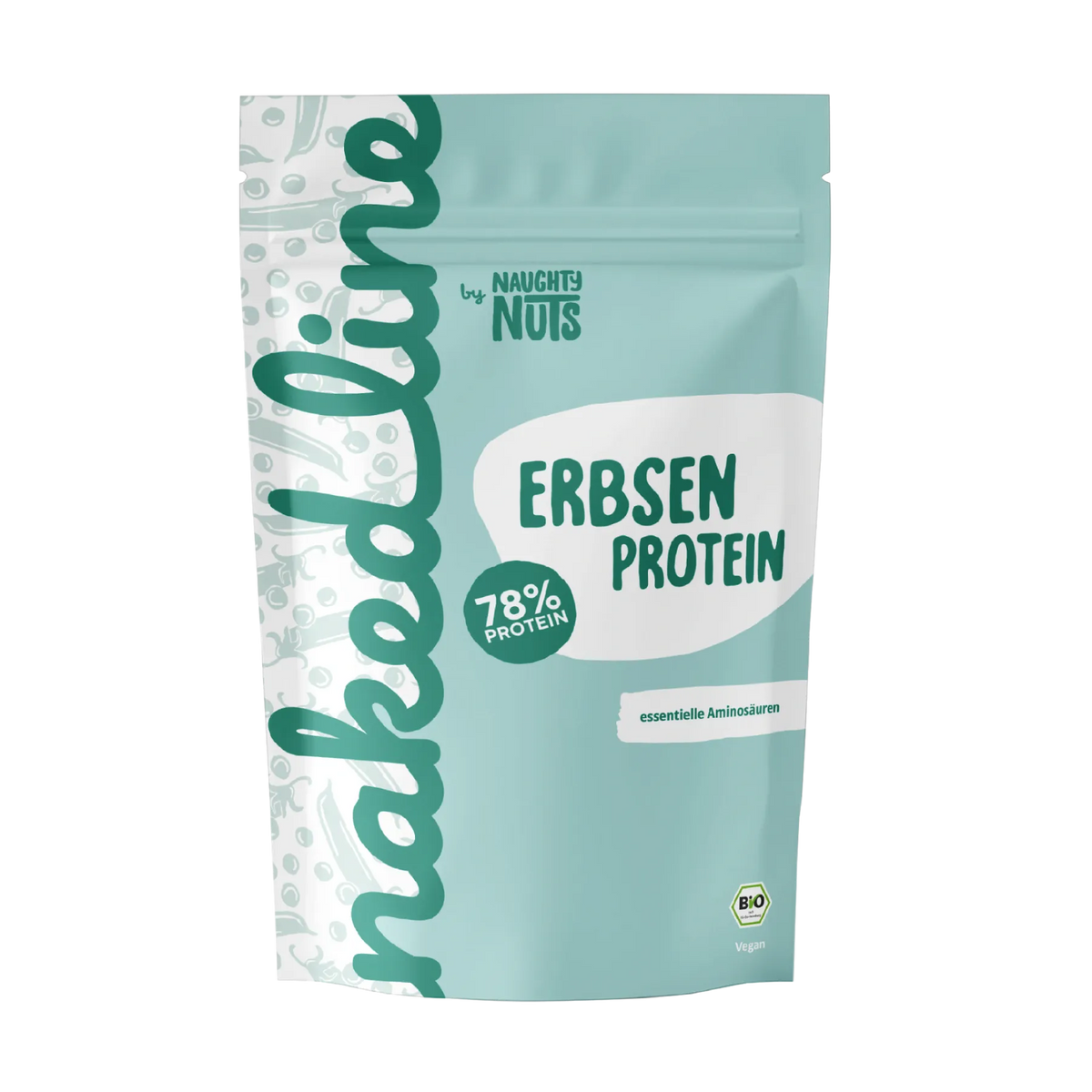 Verpackung von Erbsen Protein mit 78 Prozent Proteingehalt und Bio Siegel