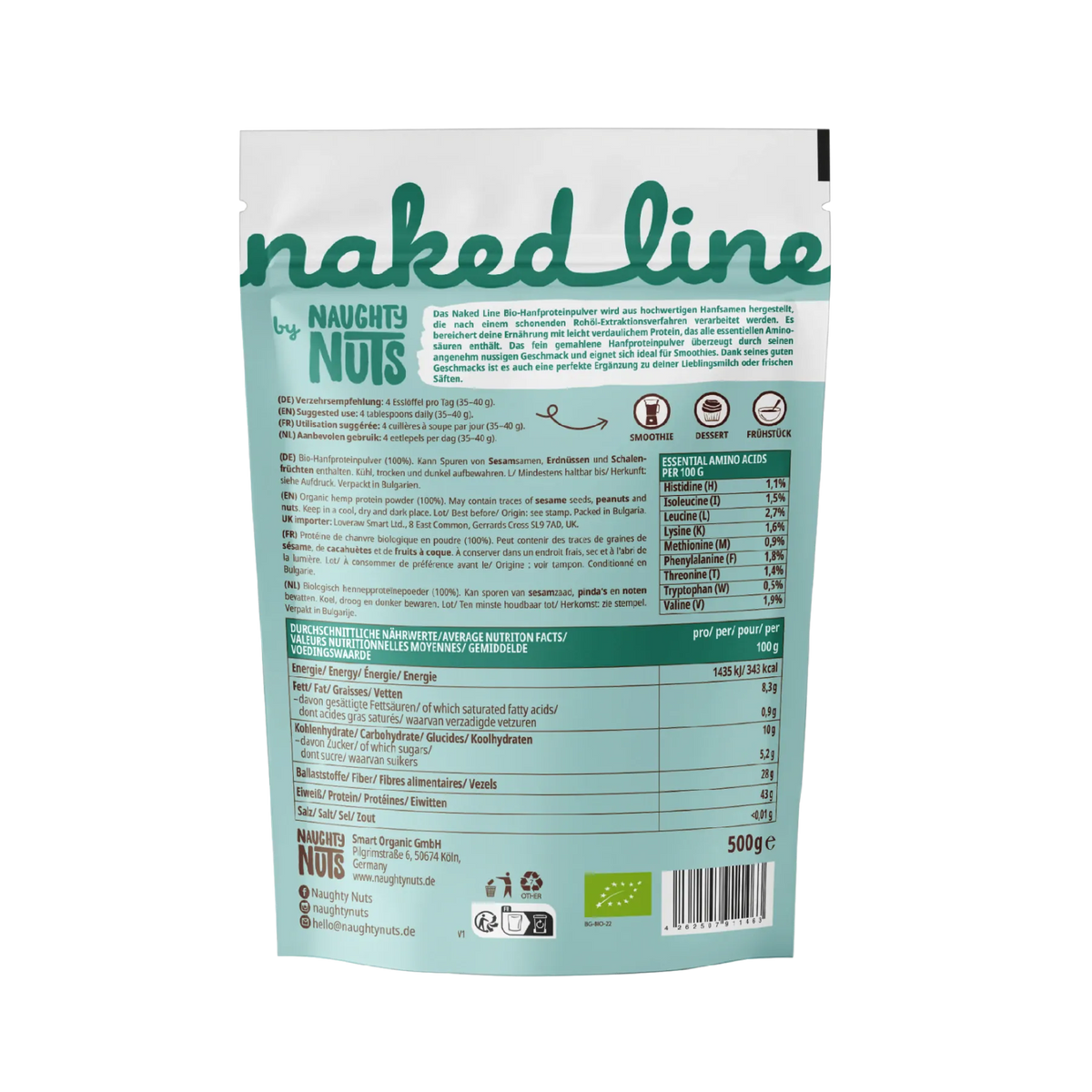 Rückseite der Hanf Protein Verpackung mit Nährwerttabelle und Zutatenliste