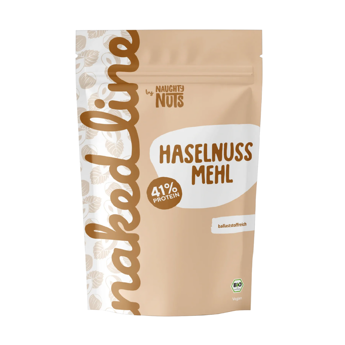 Beutel mit Haselnuss Mehl von Naughty Nuts mit 41 Prozent Protein und Bio Siegel