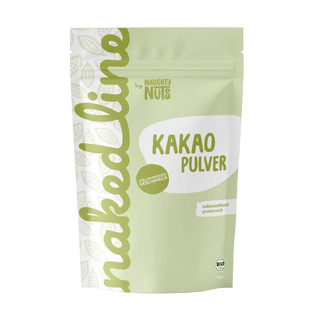 Naughty Nuts Nakedline Kakao Pulver in einer hellgrünen Standbodenbeutel Verpackung