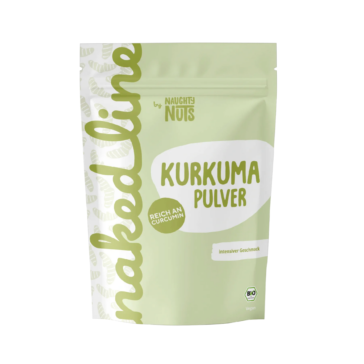 Naughty Nuts Kurkuma Pulver in einer hellgrünen Standbodenbeutel Verpackung