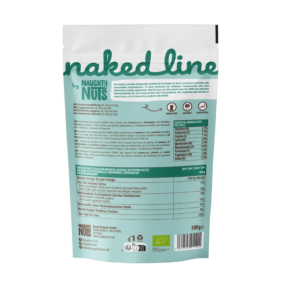 Rückseite der Reis Protein Verpackung mit Nährwerttabelle und Zutatenliste