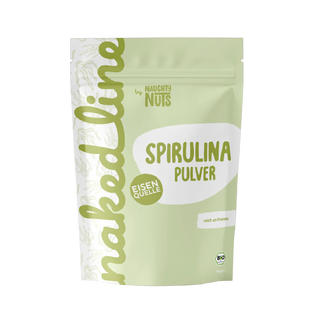 Naughty Nuts Spirulina Pulver in einer hellgrünen Standbodenbeutel Verpackung mit Bio Siegel