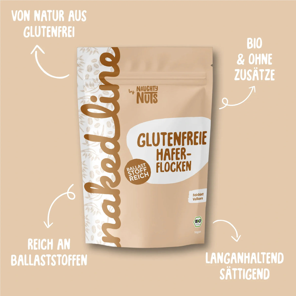 Verpackung von glutenfreien Haferflocken mit Bio Siegel und Hinweisen zu Ballaststoffen
