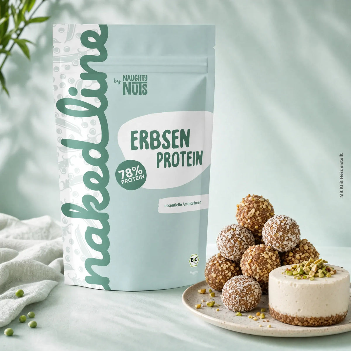 Naughty Nuts Erbsen Protein Beutel neben einem Teller mit Proteinbällchen und einem kleinen Kuchen