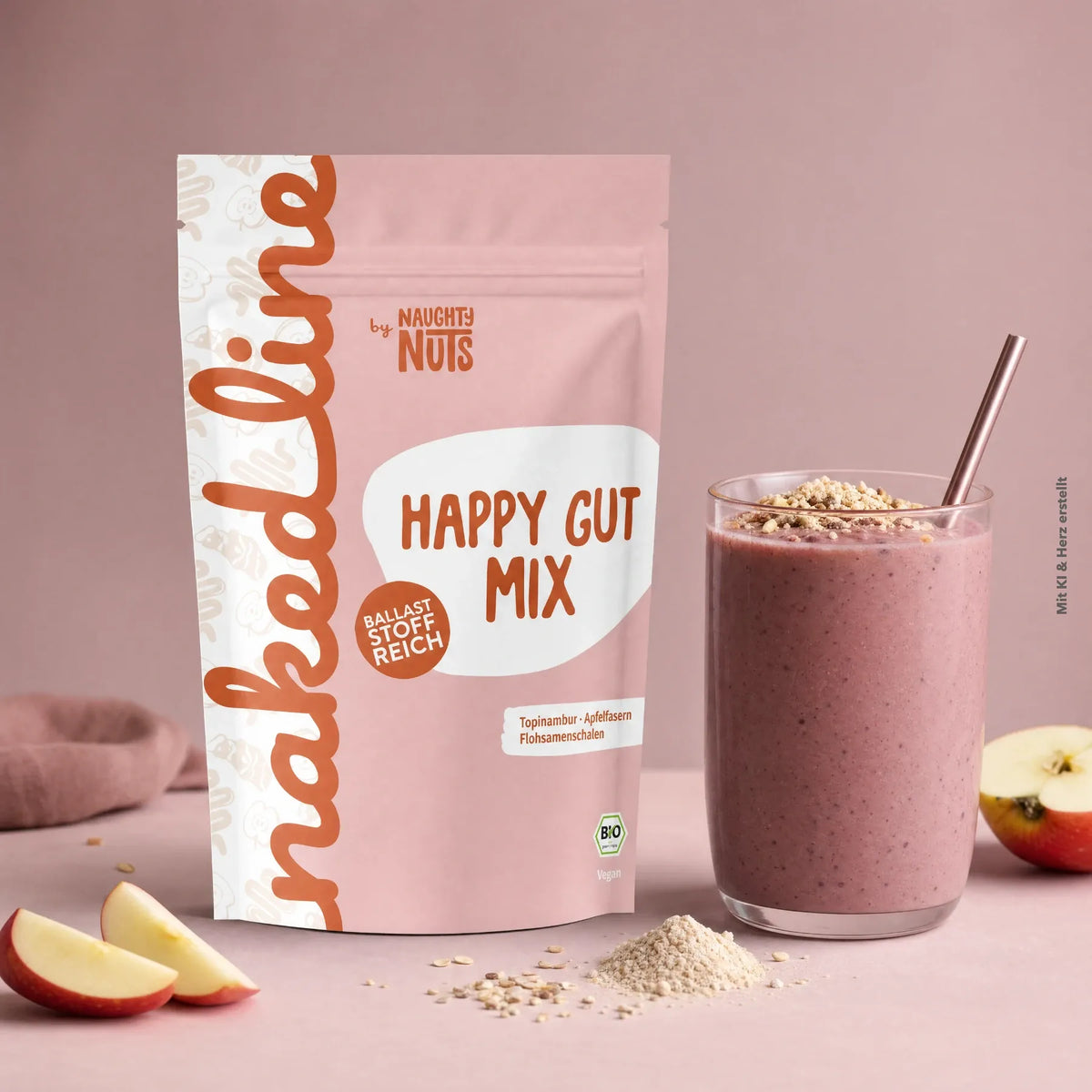 Happy Gut Mix Pulverbeutel neben einem Glas Smoothie mit Apfelstücken und Pulverstreuung