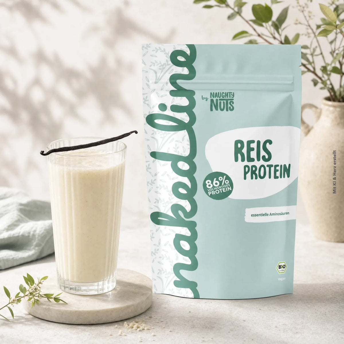 Reis Protein Beutel neben einem Glas mit Proteinshake und einer Vanilleschote