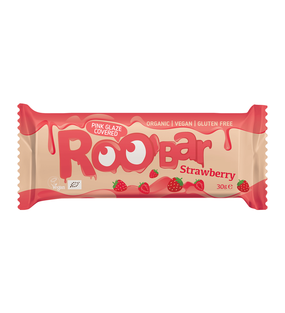 Bio Riegel mit rosa Schokolade und Erdbeeren