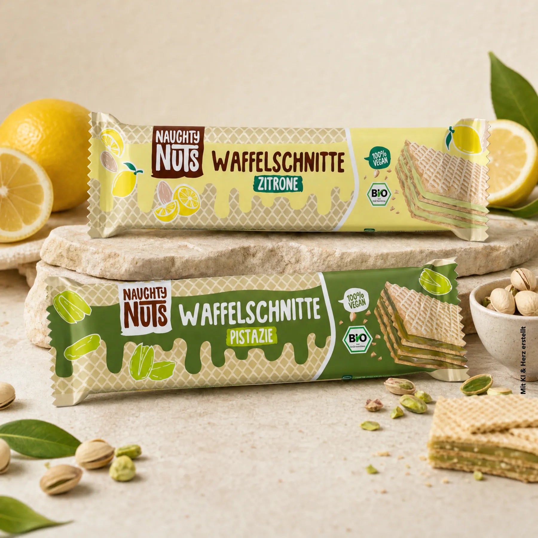Naughty Nuts Waffelschnitte in den Sorten Zitrone und Pistazie auf Steinplatten mit Zitronen und Pistazien