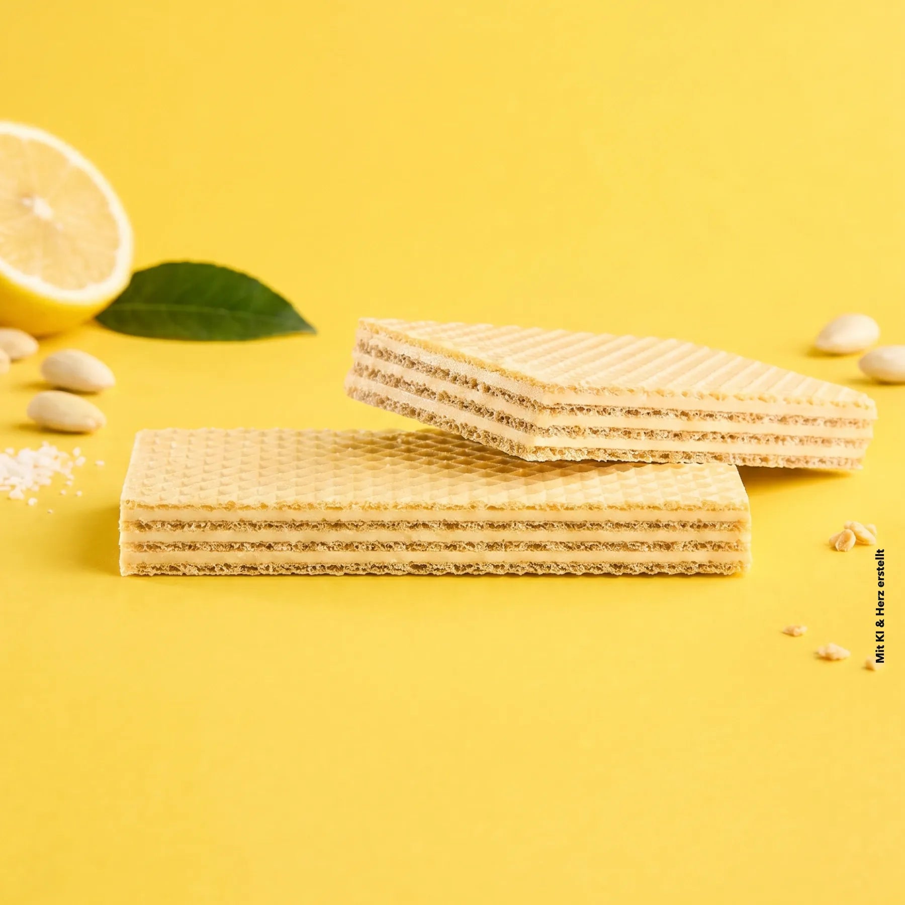 Bio Waffelschnitte Zitrone mit Zitronenhälfte und Mandeln auf gelbem Hintergrund