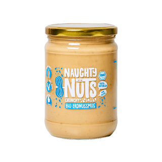 Bio Erdnussmus Crunchy im 500g Glas mit Naughty Nuts Logo