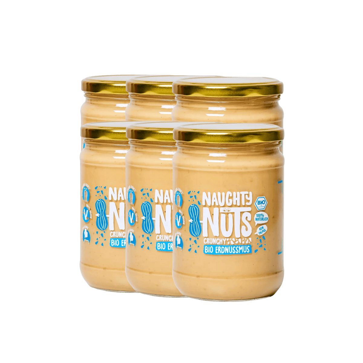 Sechs Gläser Bio Erdnussmus Crunchy von Naughty Nuts mit goldenem Deckel