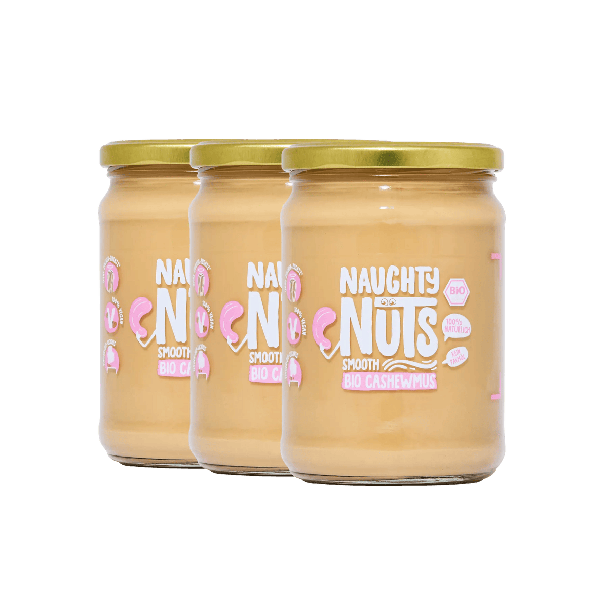 Drei Gläser Bio Cashewmus Smooth mit goldenem Deckel vor weißem Hintergrund