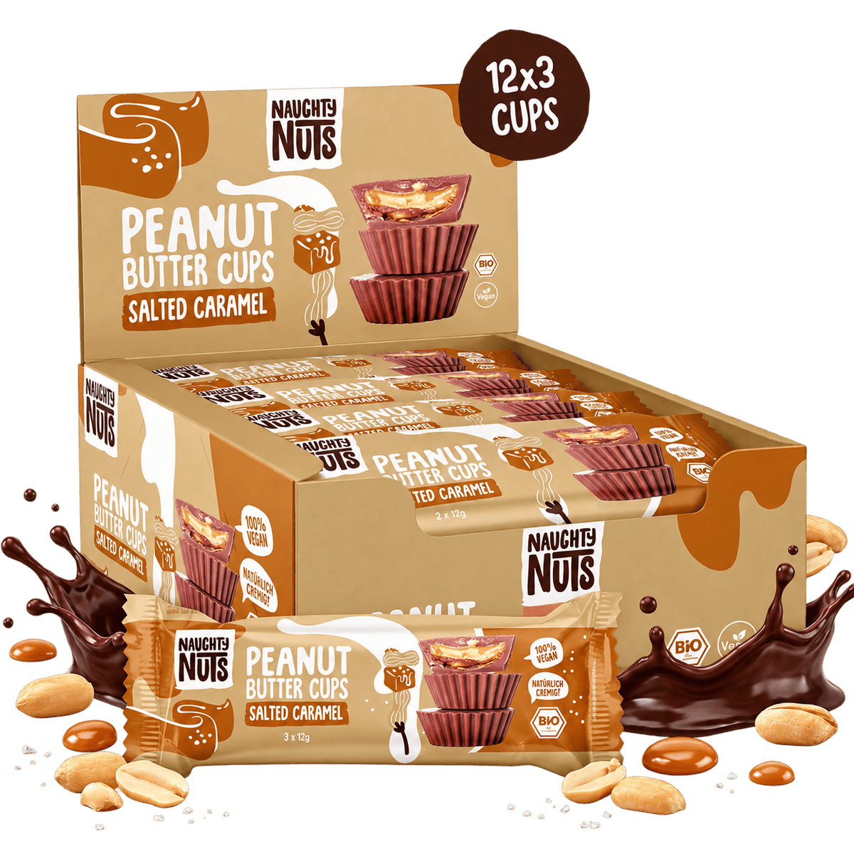 Bio Peanut Butter Cups Salted Caramel in einer Packung mit 12x3 Cups